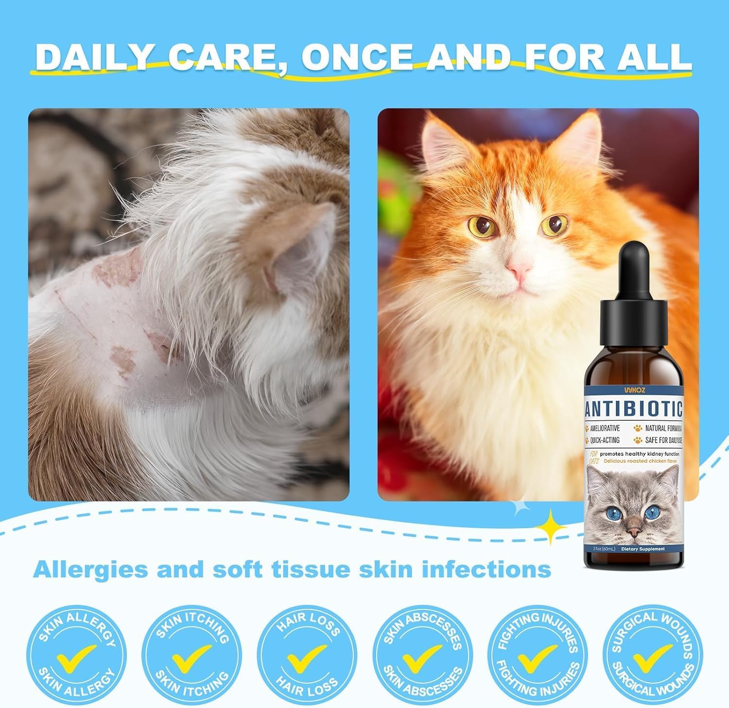 Natural Antibiotics for Cats - Allergy Itch Relief and Immune Boost - UTI Treatment - Supplemental Vitamins for Pets, 2 fl oz