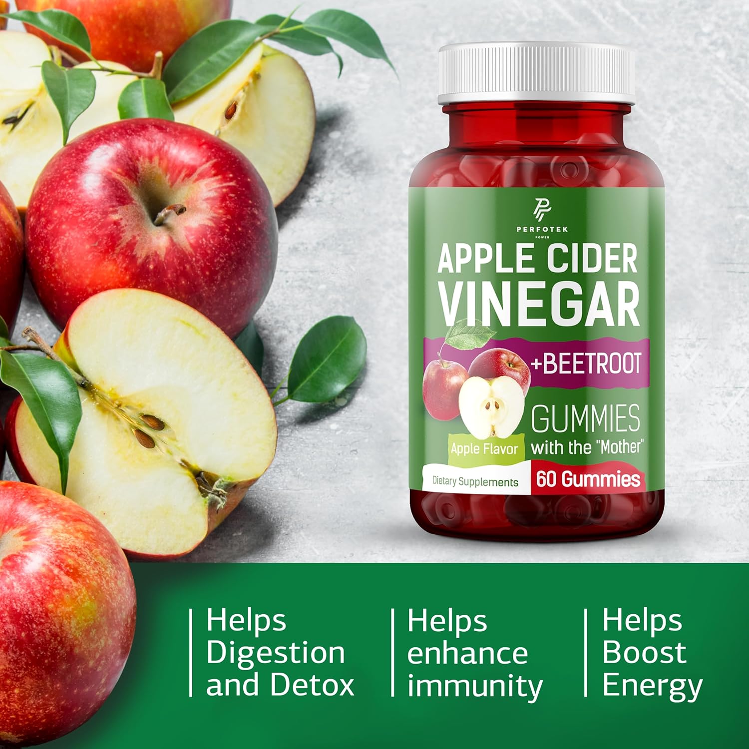 Natural Apple Flavor Apple Cider Vinegar Gummies - Keto Friendly - Vegan & Gluten Free - 60 Pieces