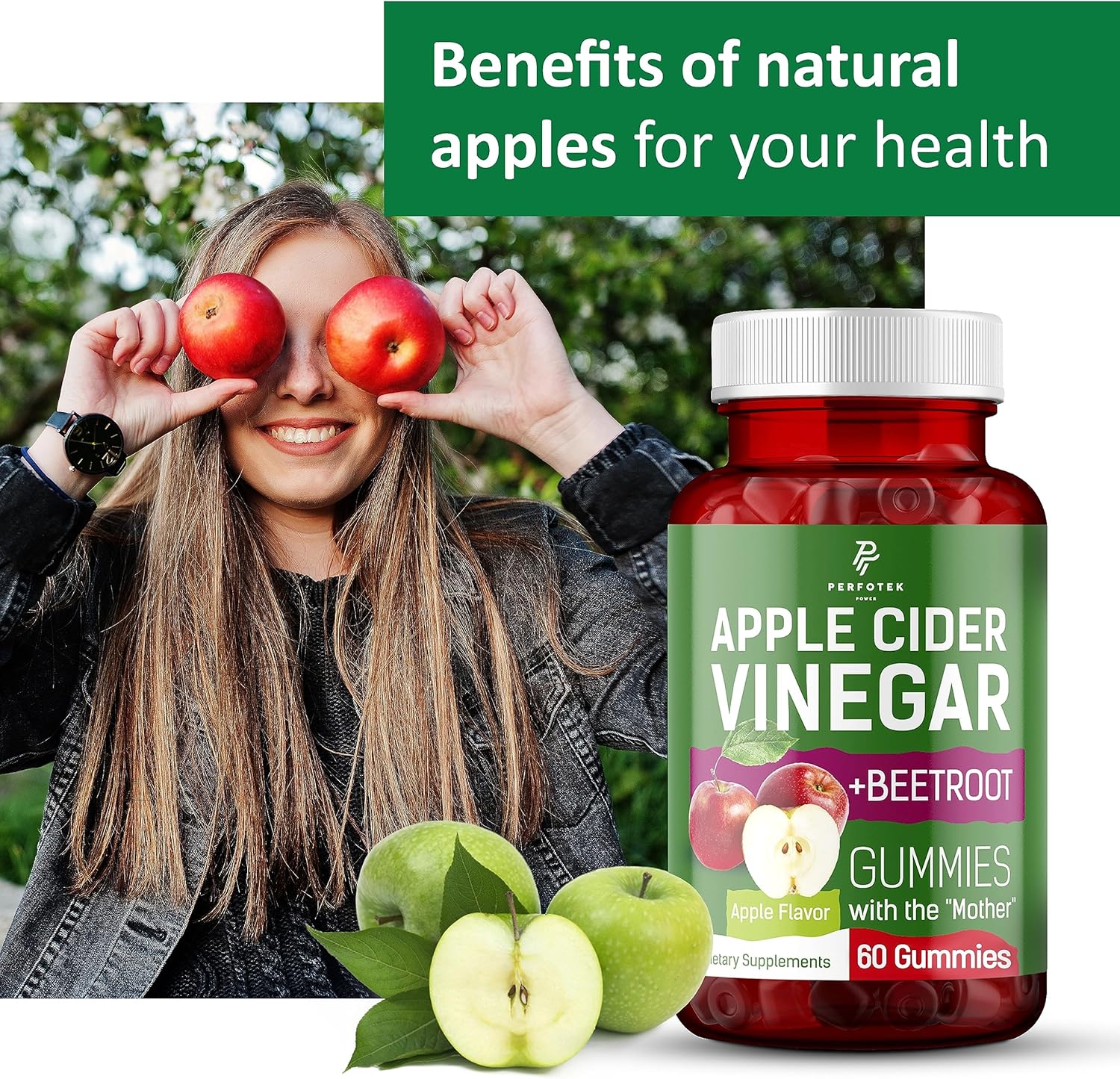 Natural Apple Flavor Apple Cider Vinegar Gummies - Keto Friendly - Vegan & Gluten Free - 60 Pieces