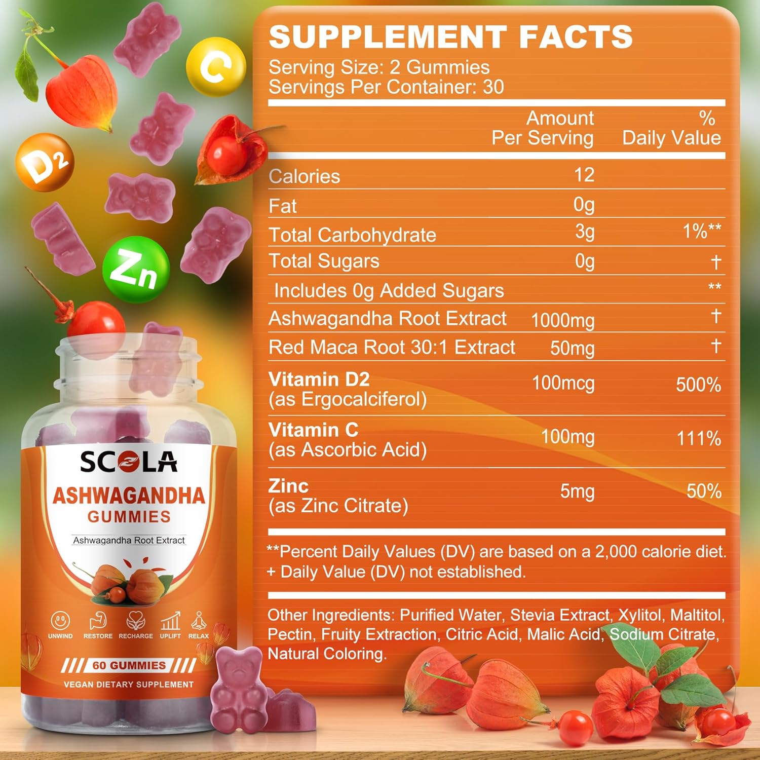 Natural Ashwagandha Gummies with Vitamin D & Zinc for Mood & Immune Support - Vegan, Non-GMO (120 Gummies)