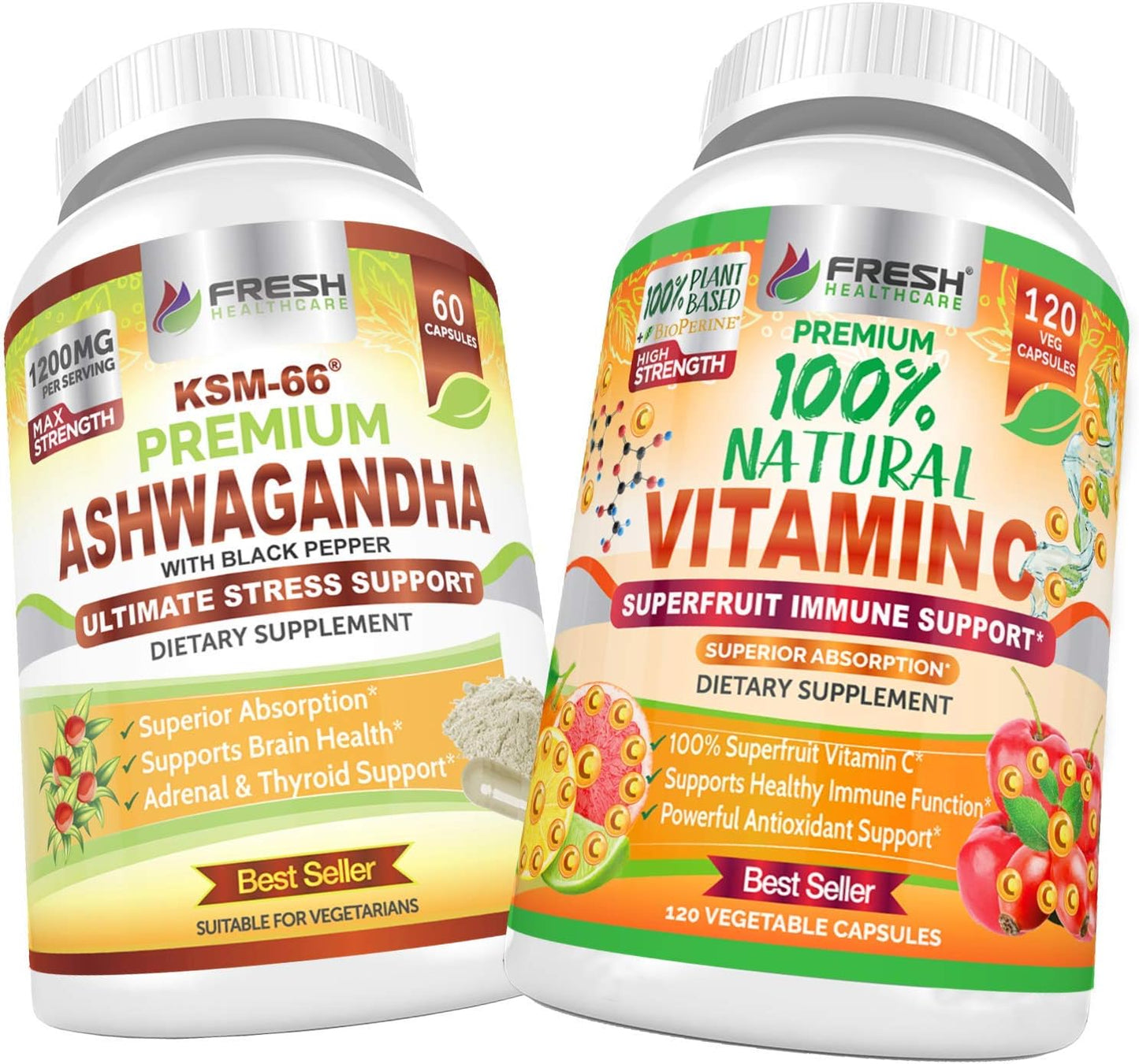 Natural Ashwagandha KSM 66 and Vitamin C Bundle for Health and Wellness