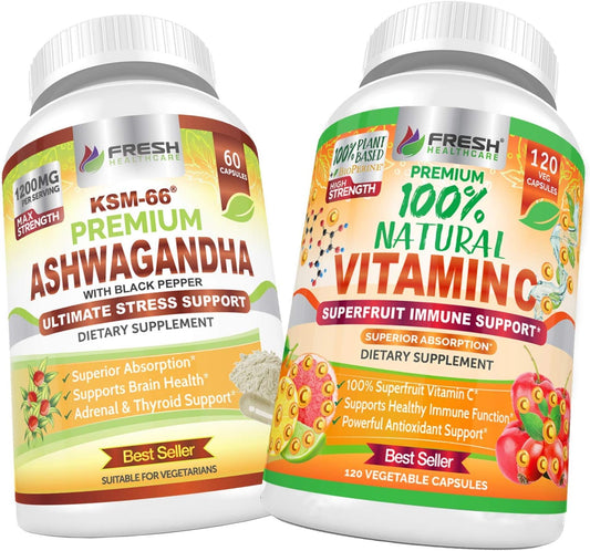Natural Ashwagandha KSM 66 and Vitamin C Bundle for Health and Wellness
