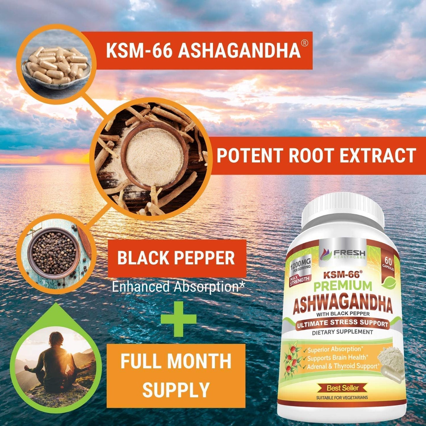 Natural Ashwagandha KSM 66 and Vitamin C Bundle for Health and Wellness