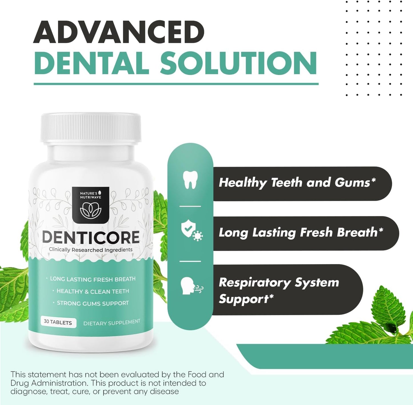 Natural Bad Breath Treatment & Oral Health Boost - Natures NutriWave Denticore Supplements for Teeth & Gums - 30 Tablets, USA Made