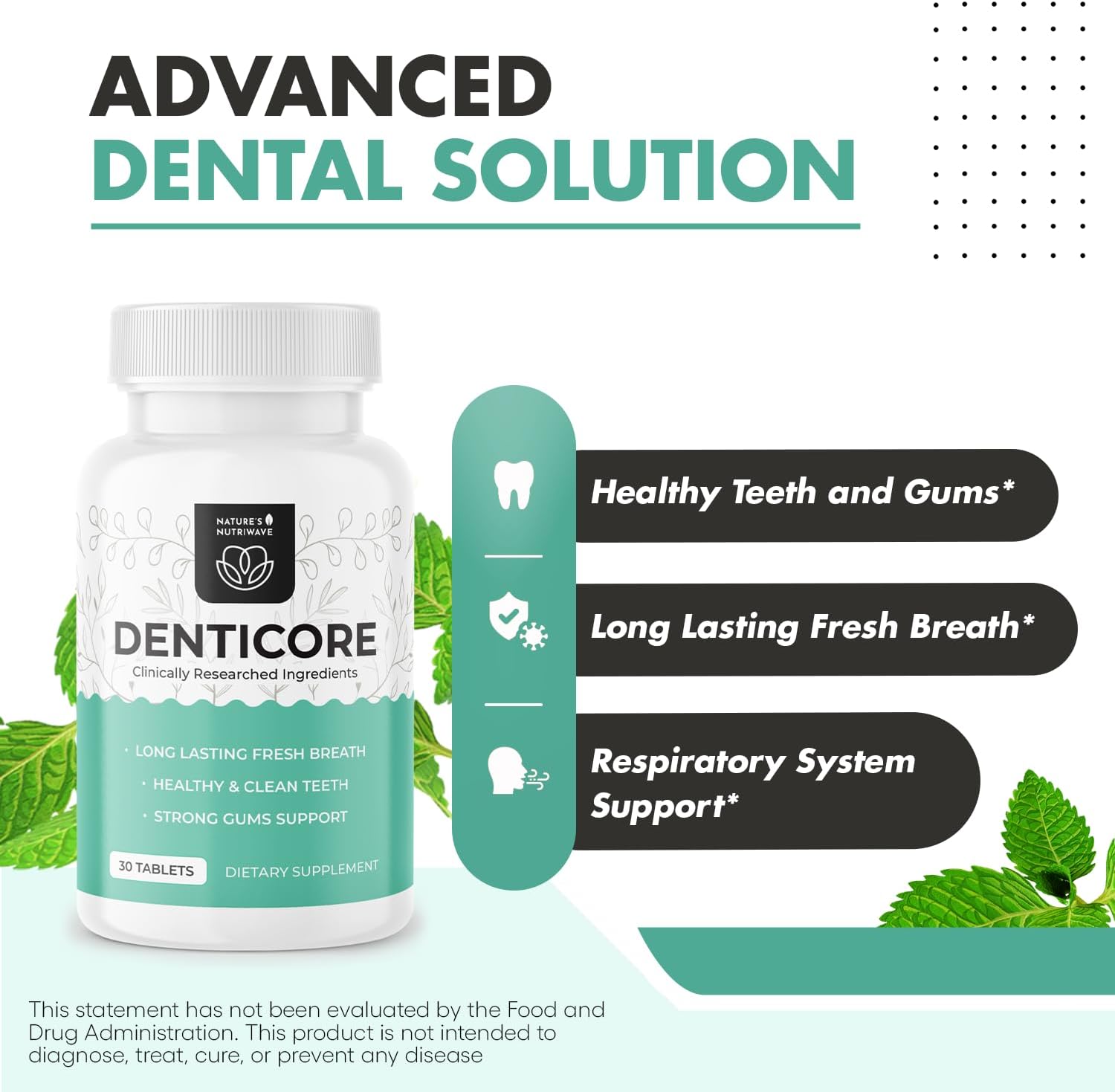 Natural Bad Breath Treatment & Oral Health Boost - Natures NutriWave Denticore Supplements for Teeth & Gums - 30 Tablets, USA Made