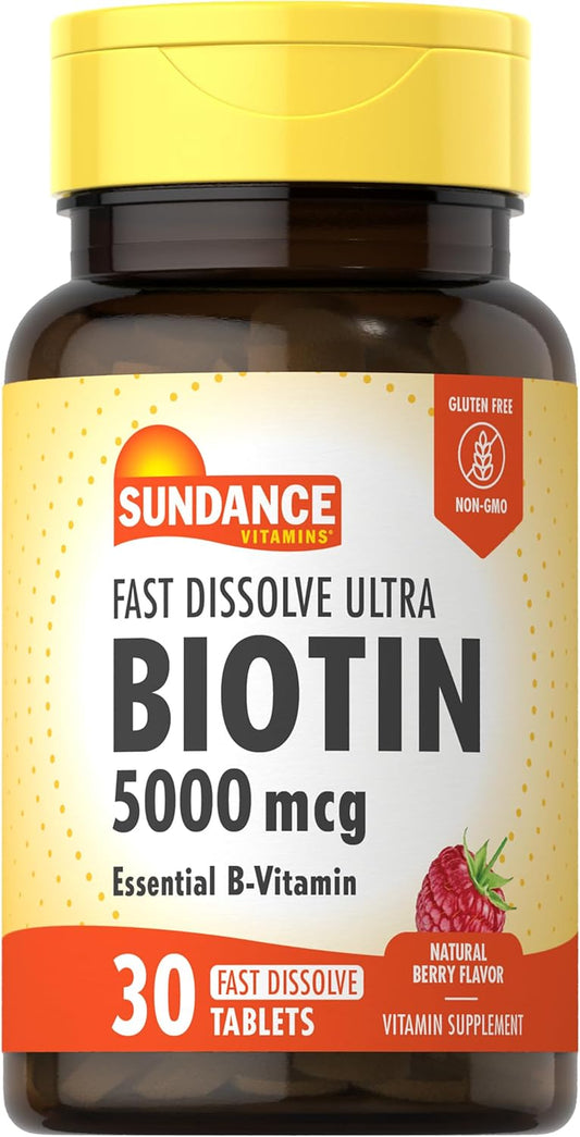 Natural Berry Flavored Biotin 5000mcg Fast Dissolve Tablets - 30 Count, Vegetarian, Non-GMO, Gluten Free - Essential B-Vitamin Supplement