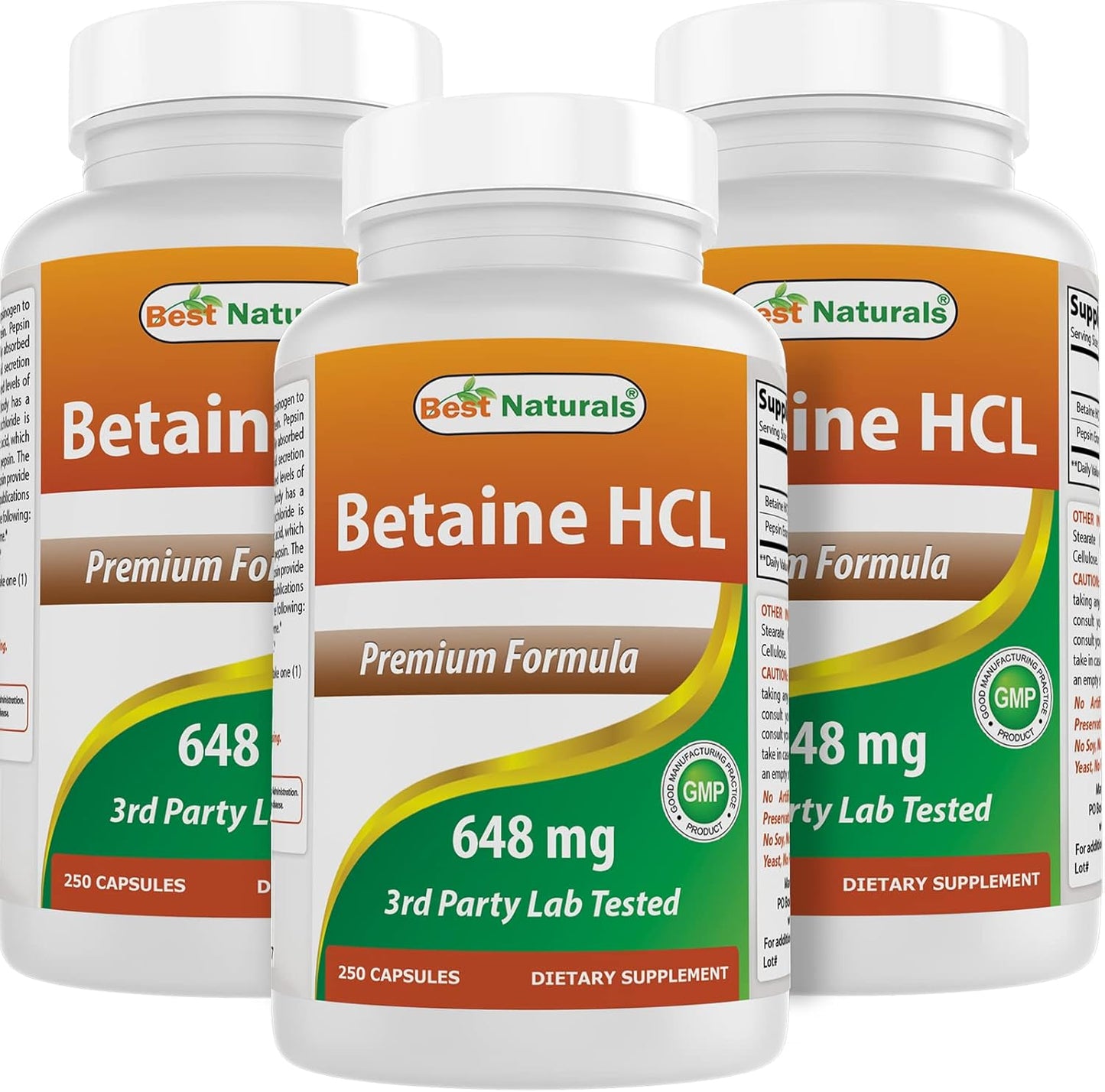 Natural Betaine HCL 648mg Capsules - 750 Count Pack - Best Digestive Support Supplement