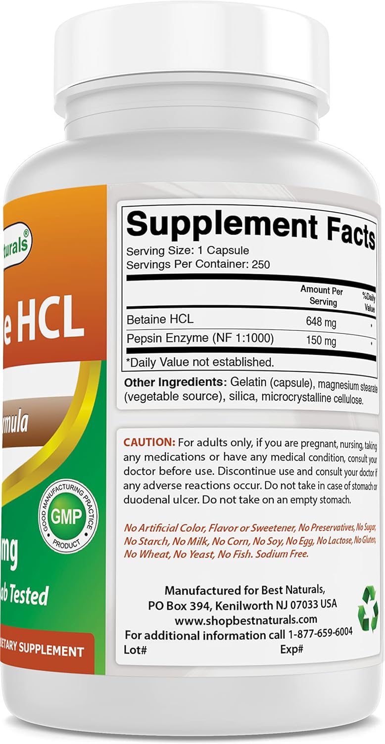 Natural Betaine HCL 648mg Capsules - 750 Count Pack - Best Digestive Support Supplement