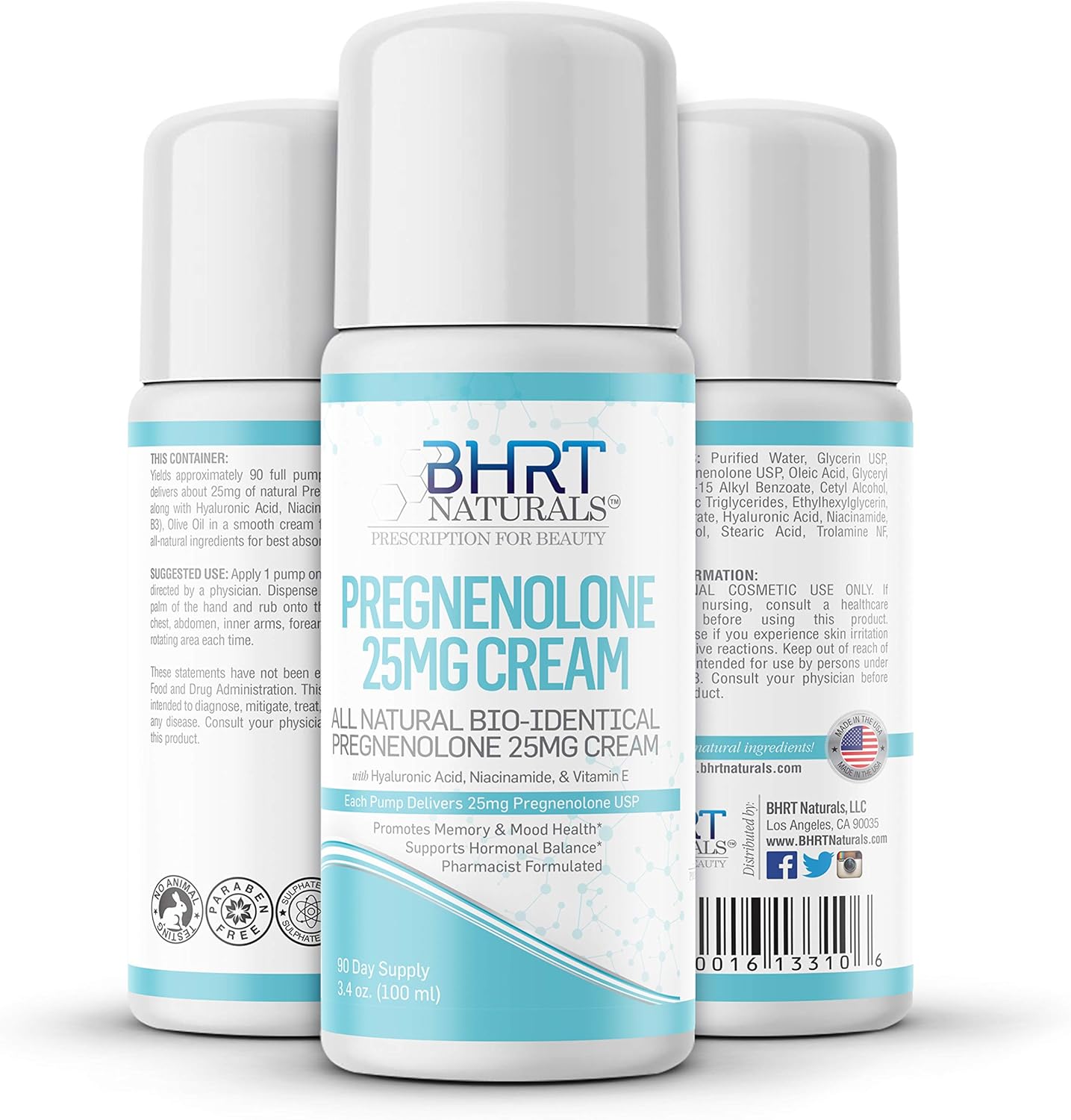Natural BHRT Pregnenolone Cream Supplement 25mg - Pharmacist Formulated - 90 Day Supply - USA Made - Bio-Identical Hormone Precursor for Immune System, Mood, Memory