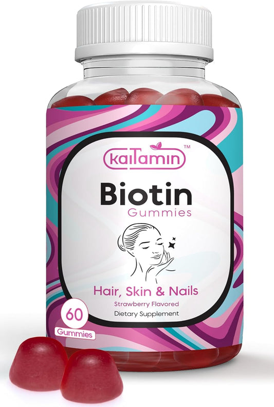 Natural Biotin Gummies with Elderberry & Coconut Oil - 5000 mcg B7 Vitamin for Hair Skin Nails - Gluten-Free, Vegetarian - 60 Strawberry Flavored Gummies