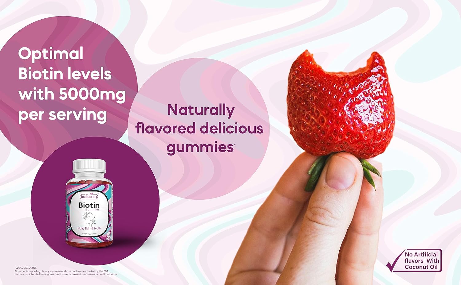 Natural Biotin Gummies with Elderberry & Coconut Oil - 5000 mcg B7 Vitamin for Hair Skin Nails - Gluten-Free, Vegetarian - 60 Strawberry Flavored Gummies