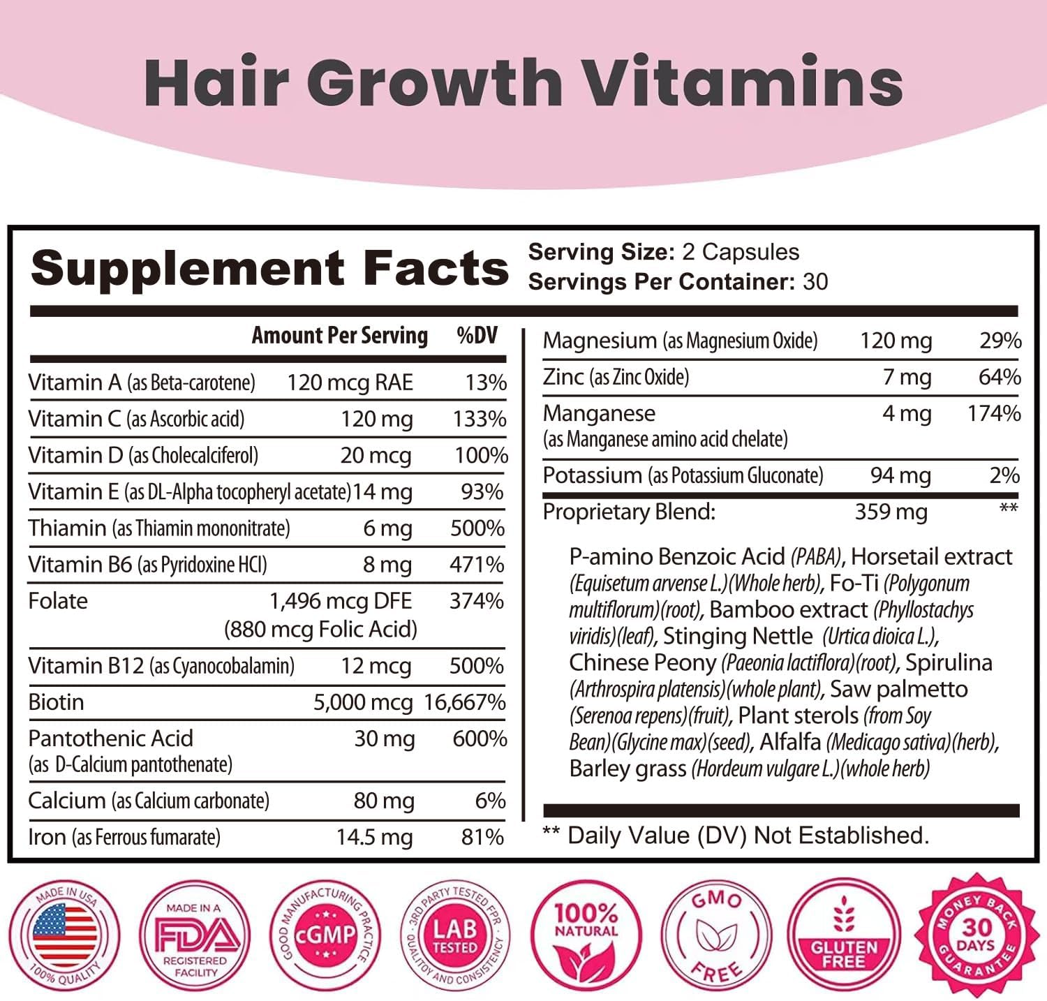 Natural Biotin Hair Growth Supplement for Women - Made in USA - DHT Blocker - Non-GMO - Gluten Free - 1 Month Supply