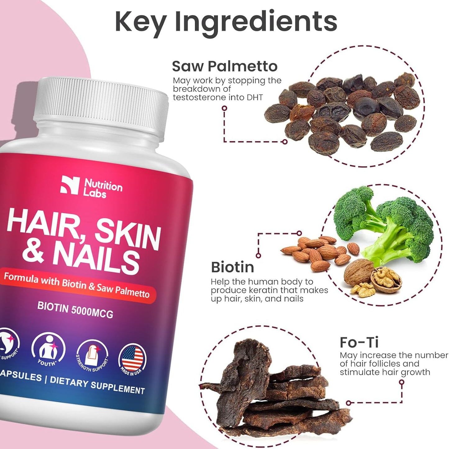 Natural Biotin Hair Growth Supplement for Women - Made in USA - DHT Blocker - Non-GMO - Gluten Free - 1 Month Supply