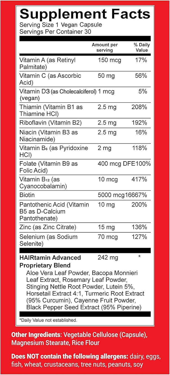Natural Biotin Hair Growth Vitamins for Healthy Hair, Skin, and Nails | Vegan Capsules for Faster Hair Growth, Reduce Hair Loss | 30 ct