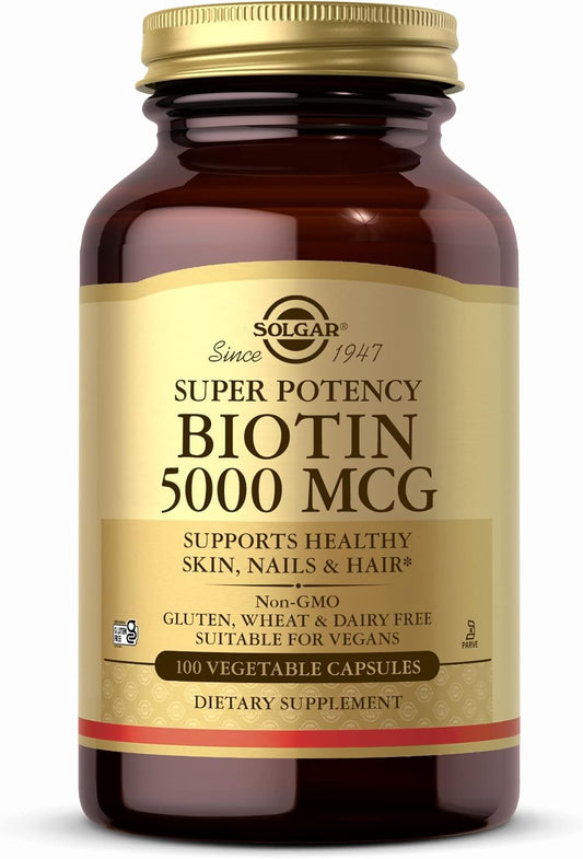 Natural Biotin Supplement for Healthy Skin, Nails, & Hair - 5000 mcg - 100 Vegan Capsules - Non-GMO, Gluten-Free, Dairy-Free - 100 Servings