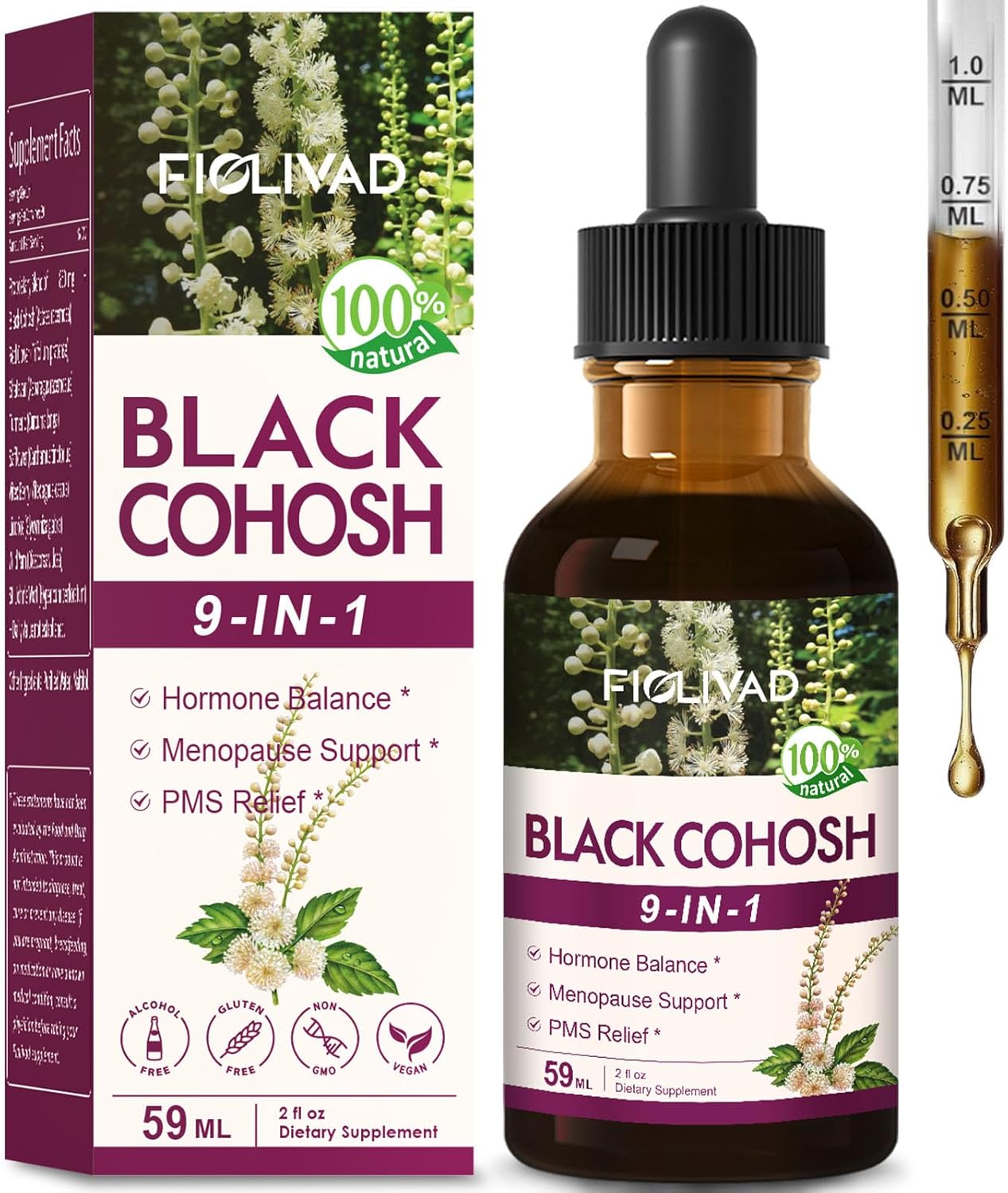 Natural Black Cohosh Extract Herbal Drops for Hormone Balance, Menopause & PMS Relief - 2oz