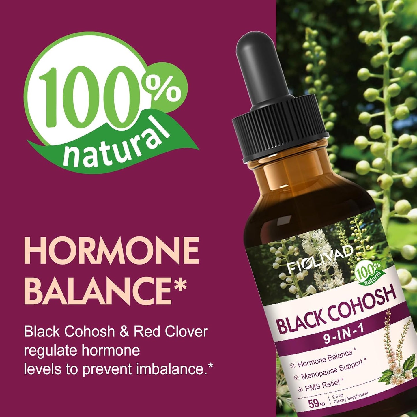 Natural Black Cohosh Extract Herbal Drops for Hormone Balance, Menopause & PMS Relief - 2oz