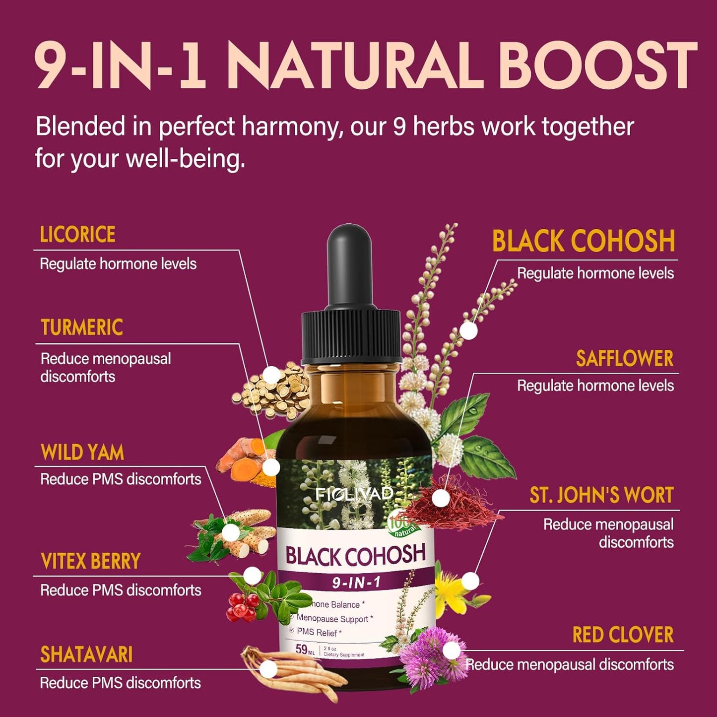 Natural Black Cohosh Extract Herbal Drops for Hormone Balance, Menopause & PMS Relief - 2oz