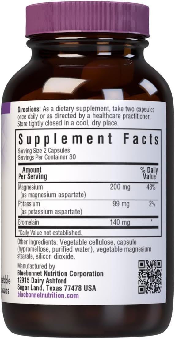Natural BlueBonnet Magnesium Potassium Bromelain Capsules - 60 Vegetarian Count