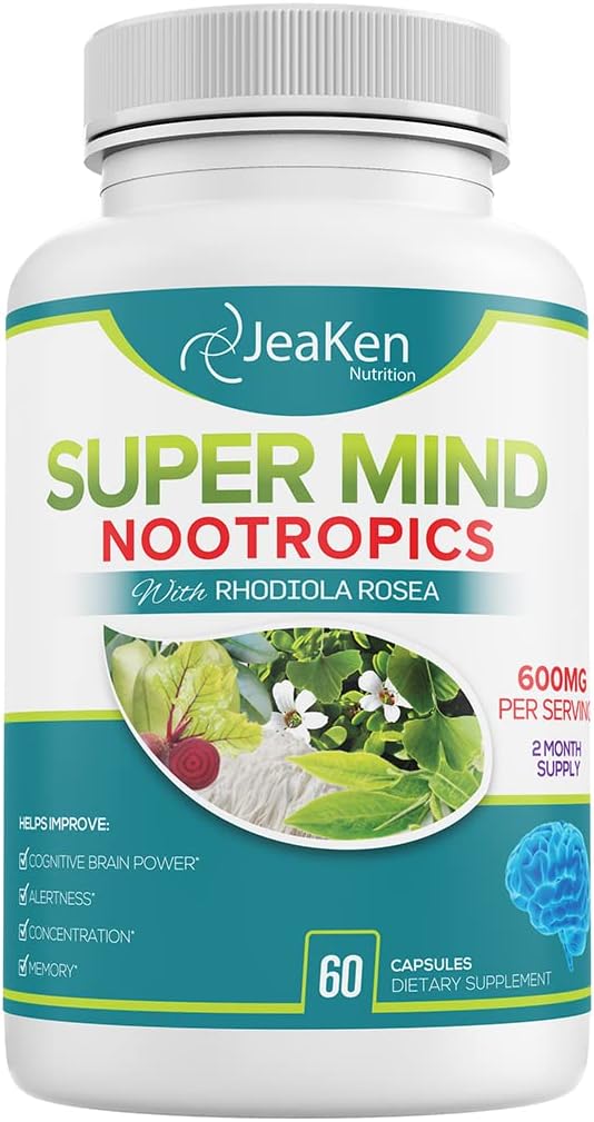 Natural Brain-Boosting Nootropic Supplement for Cognitive Enhancement - Bacopa Monnieri, Rhodiola Rosea, Ginkgo Biloba - Vegan Capsules with Vitamin B12 - Made in USA by JeaKen Super Mind