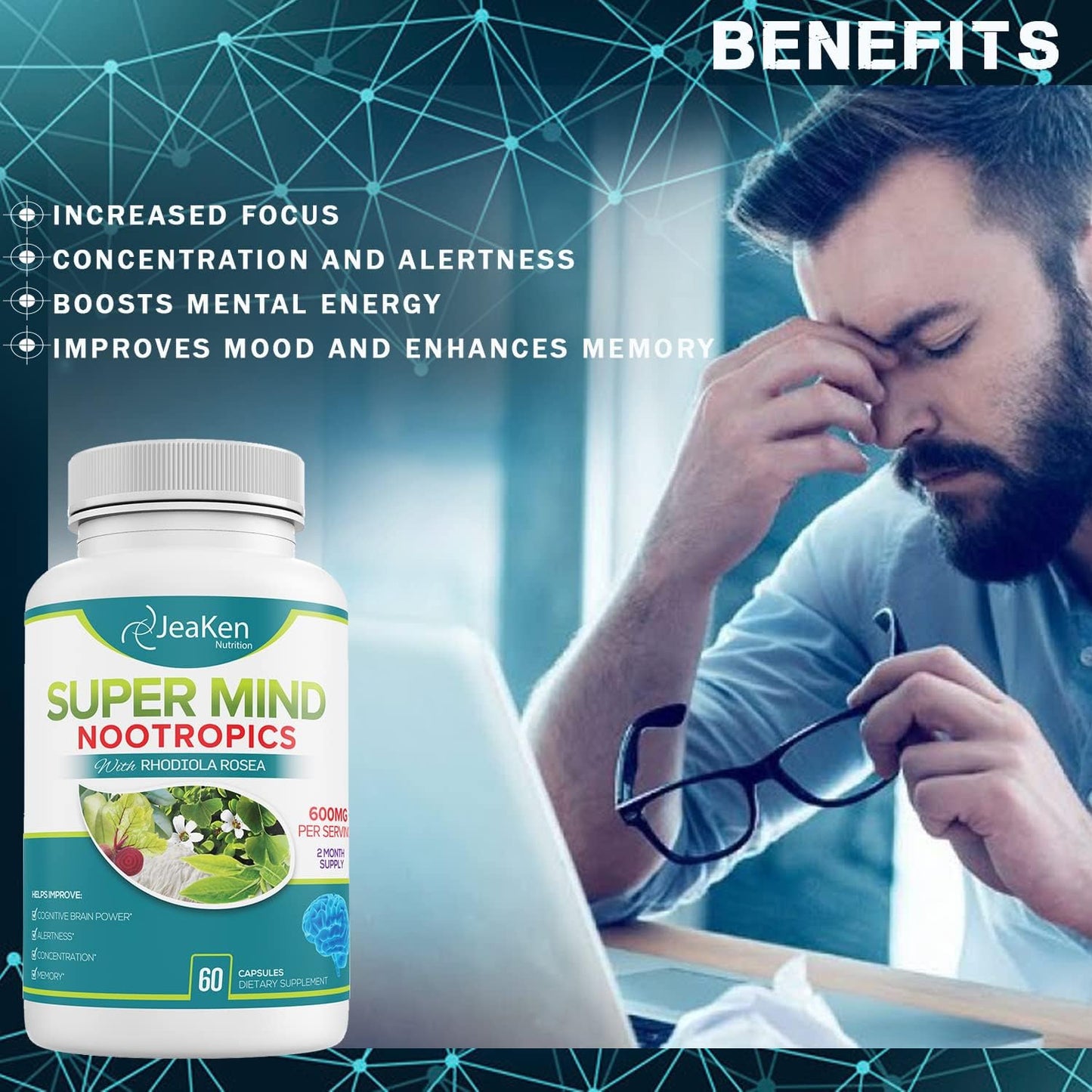 Natural Brain-Boosting Nootropic Supplement for Cognitive Enhancement - Bacopa Monnieri, Rhodiola Rosea, Ginkgo Biloba - Vegan Capsules with Vitamin B12 - Made in USA by JeaKen Super Mind