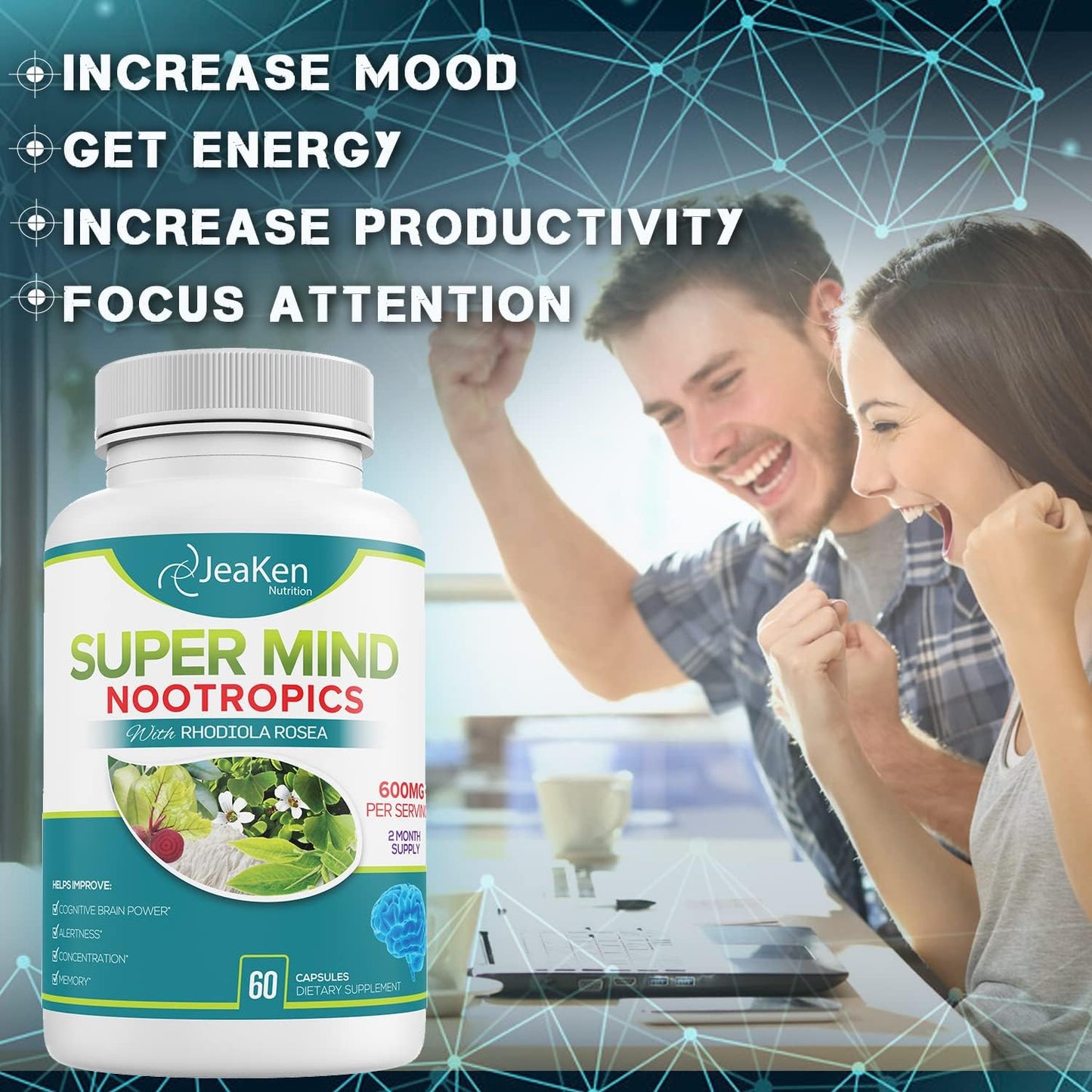 Natural Brain-Boosting Nootropic Supplement for Cognitive Enhancement - Bacopa Monnieri, Rhodiola Rosea, Ginkgo Biloba - Vegan Capsules with Vitamin B12 - Made in USA by JeaKen Super Mind