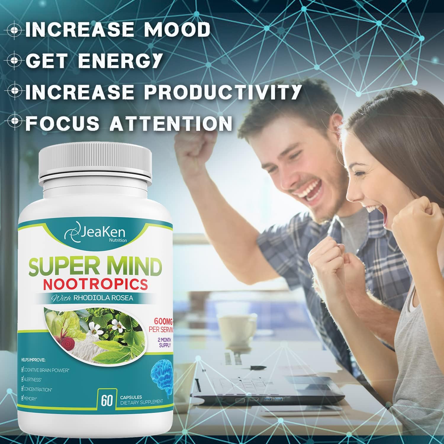 Natural Brain-Boosting Nootropic Supplement for Cognitive Enhancement - Bacopa Monnieri, Rhodiola Rosea, Ginkgo Biloba - Vegan Capsules with Vitamin B12 - Made in USA by JeaKen Super Mind