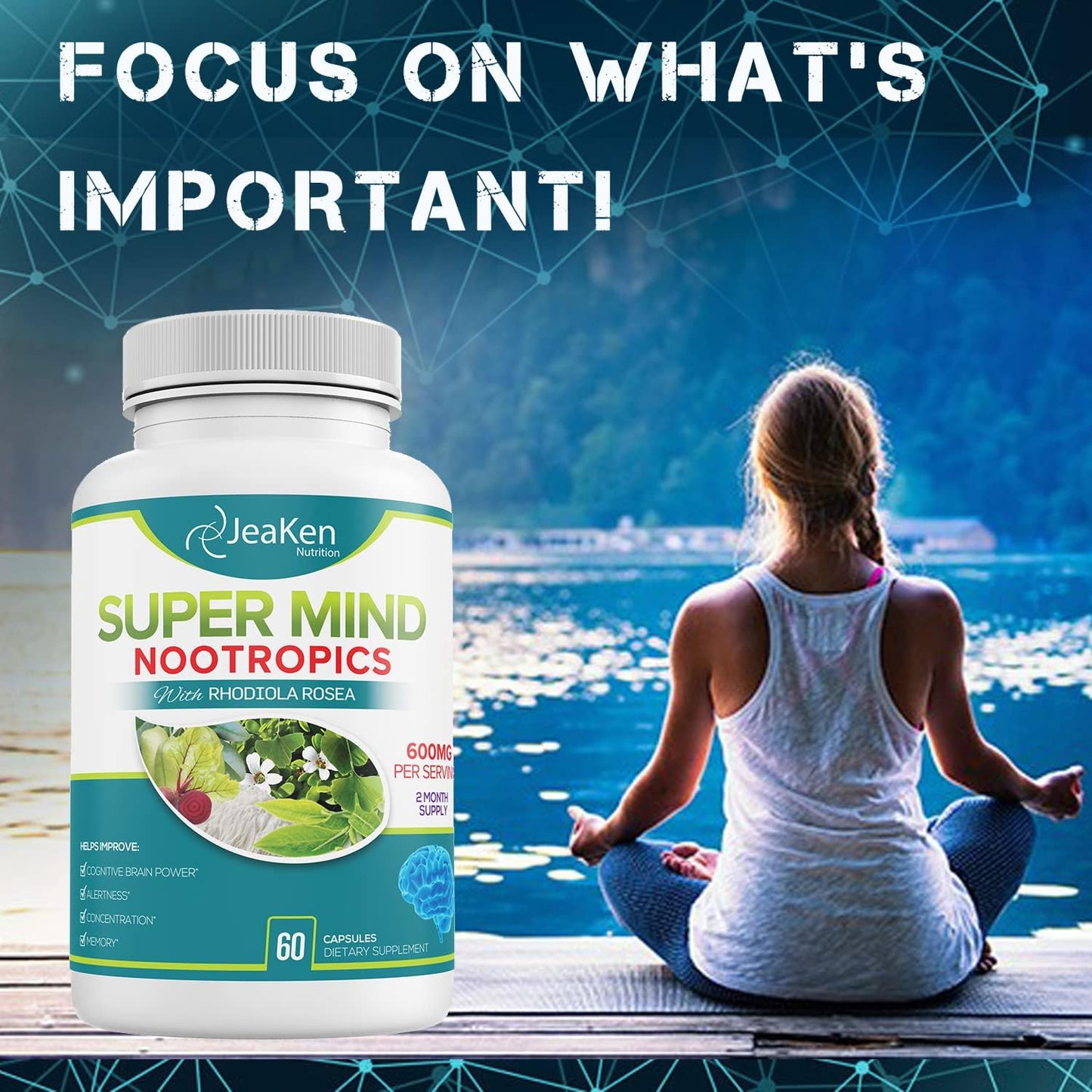 Natural Brain-Boosting Nootropic Supplement for Cognitive Enhancement - Bacopa Monnieri, Rhodiola Rosea, Ginkgo Biloba - Vegan Capsules with Vitamin B12 - Made in USA by JeaKen Super Mind