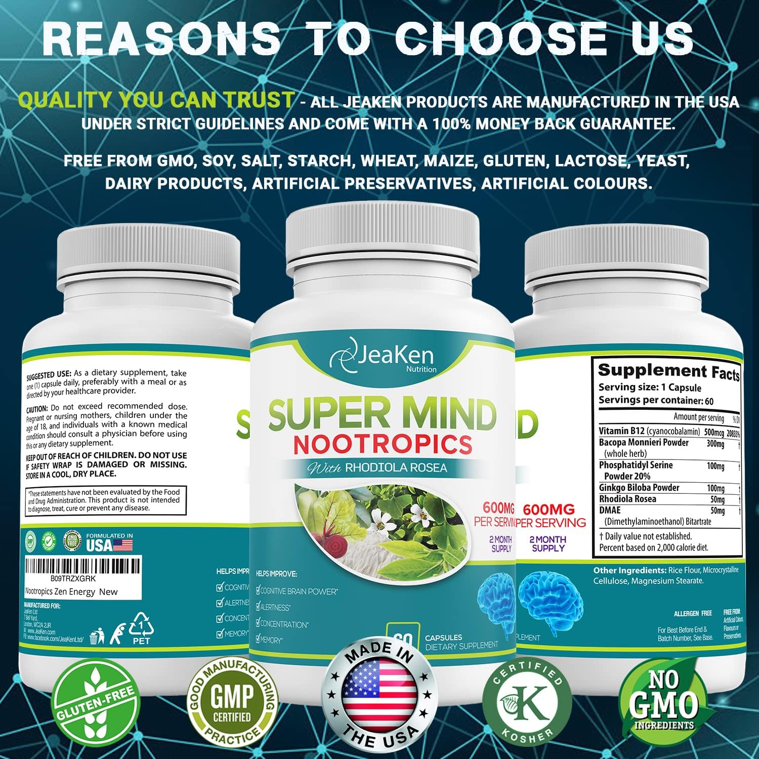 Natural Brain-Boosting Nootropic Supplement for Cognitive Enhancement - Bacopa Monnieri, Rhodiola Rosea, Ginkgo Biloba - Vegan Capsules with Vitamin B12 - Made in USA by JeaKen Super Mind