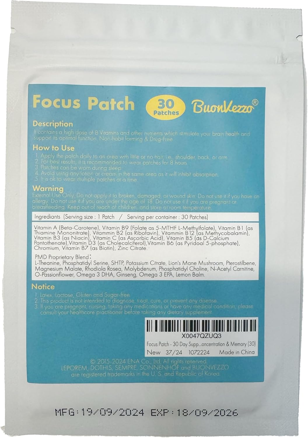 Natural Brain Function Support Patches with D3, A, B9, B1, B2, B3, B6, B7, Zinc Citrate, B12 - 30 Day Supply, Enhances Concentration & Memory