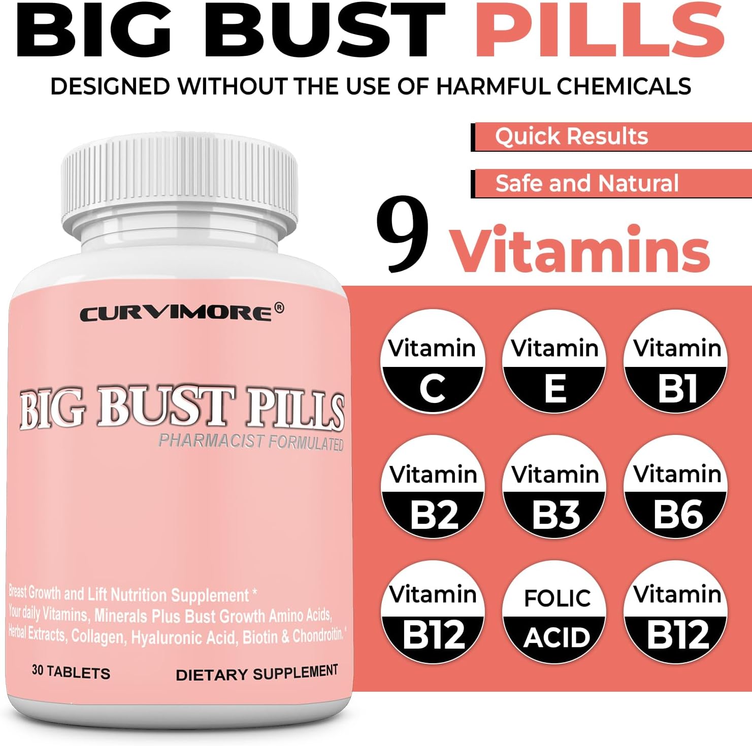 Natural Breast Enhancement Supplement - Curvimore Big Bust Pills for Daily Multivitamins, Breast Lift, and Curves - 30 Tablets