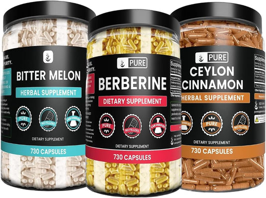 Natural Bundle: Berberine, Bitter Melon, Ceylon Cinnamon Capsules (730) - Pure Ingredients, No Magnesium or Rice Fillers