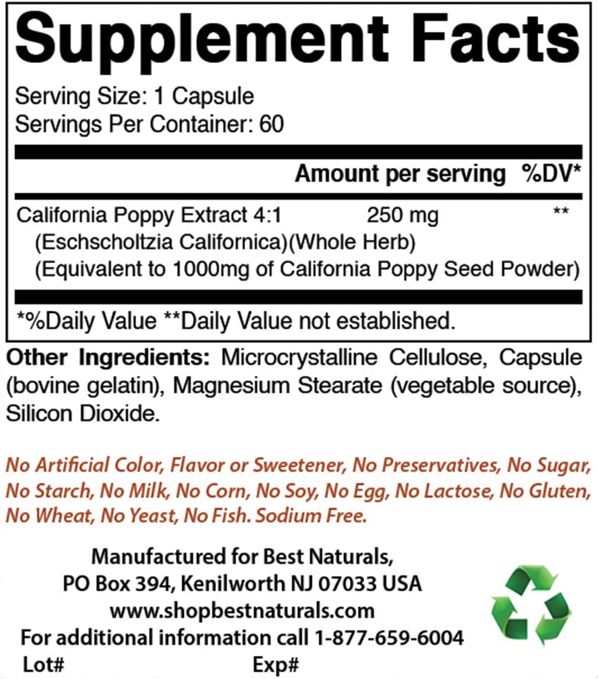 Natural California Poppy Extract Capsules - 60 Count - 1000 mg Strength