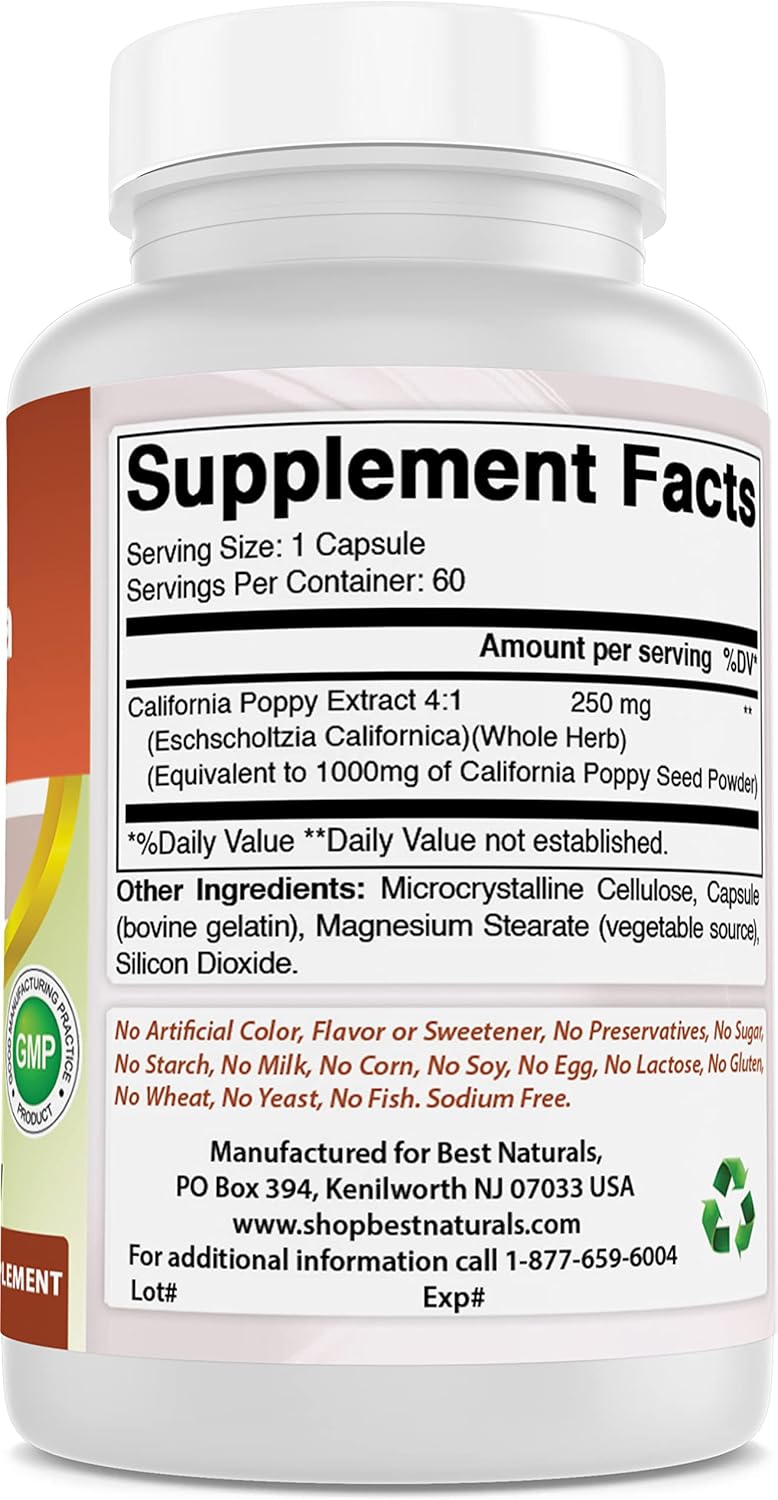 Natural California Poppy Extract Capsules - 60 Count - 1000 mg Strength