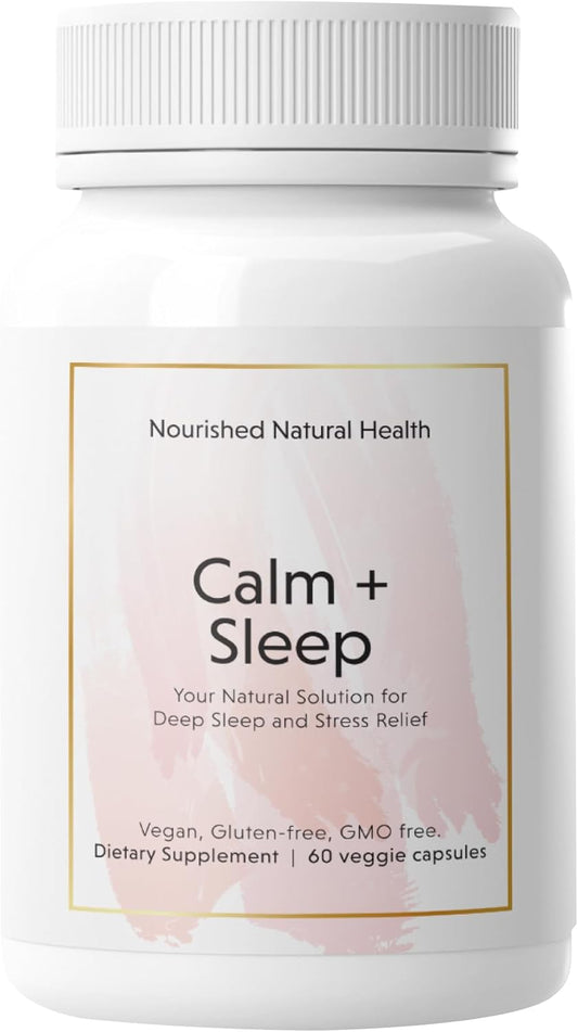 Natural Calm + Sleep Capsules - Deep Rest & Relaxation Supplement with Ashwagandha, Chamomile, Tart Cherry Extract, Passionflower, L-theanine, Magnesium - 60 Capsules