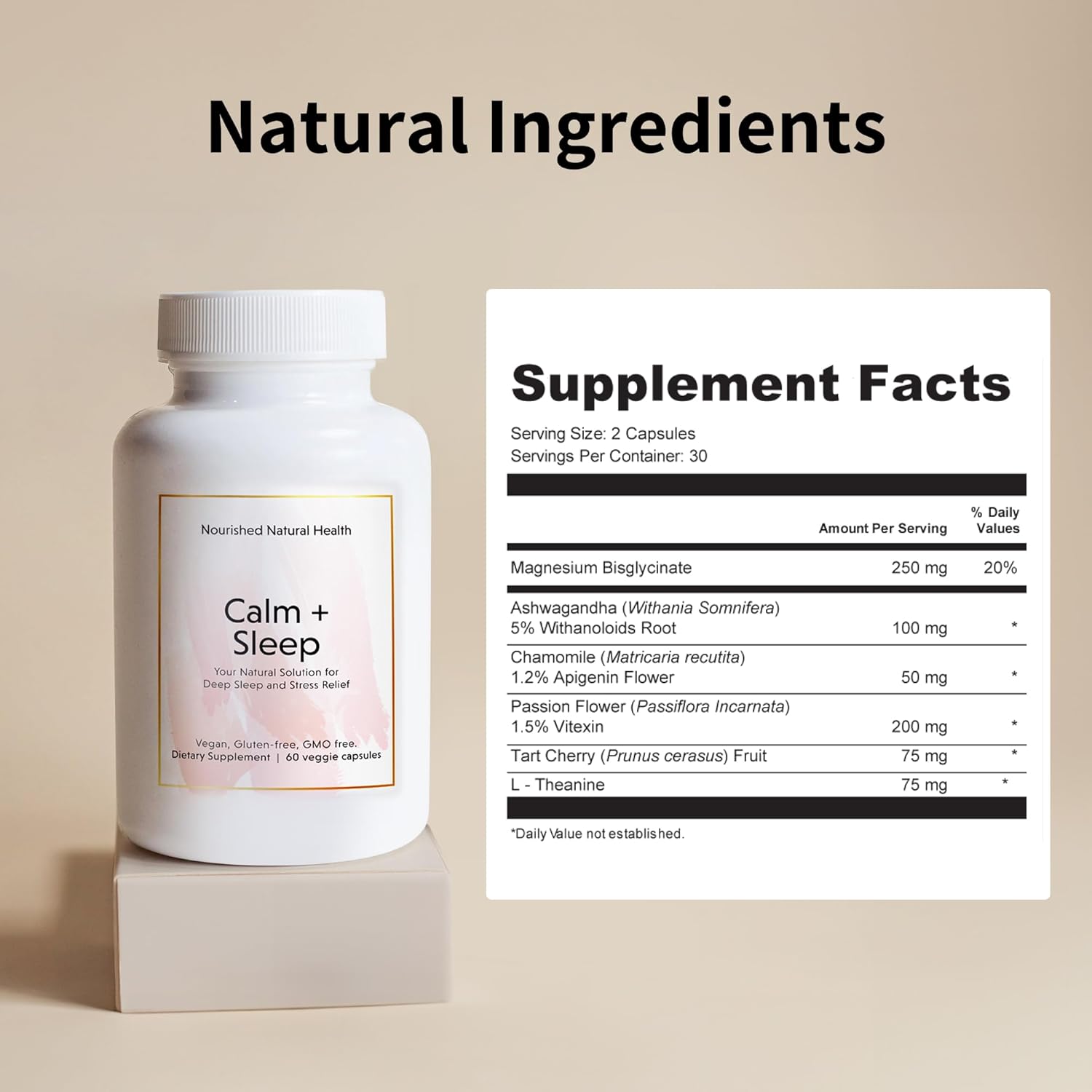 Natural Calm + Sleep Capsules - Deep Rest & Relaxation Supplement with Ashwagandha, Chamomile, Tart Cherry Extract, Passionflower, L-theanine, Magnesium - 60 Capsules