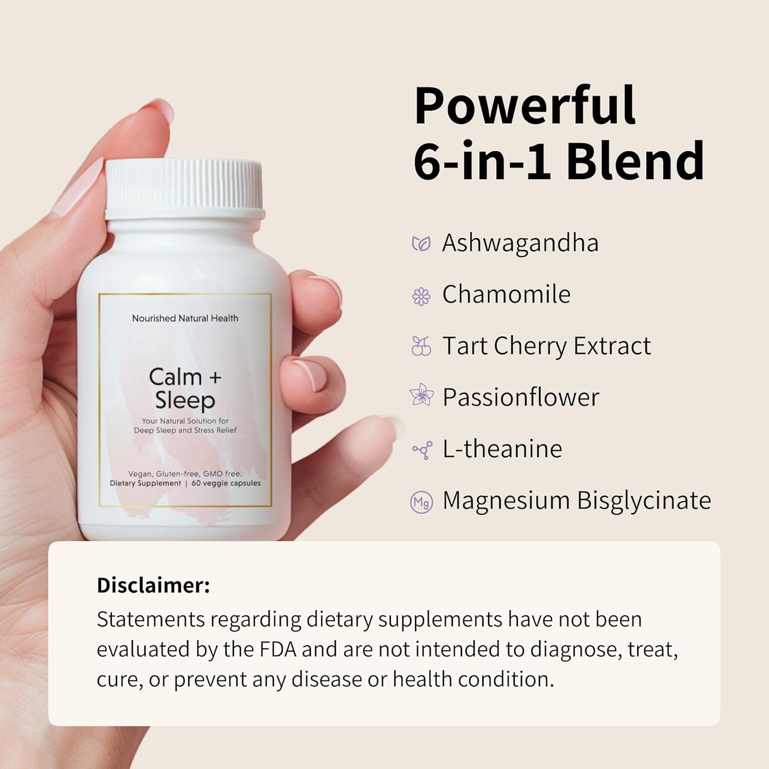 Natural Calm + Sleep Capsules - Deep Rest & Relaxation Supplement with Ashwagandha, Chamomile, Tart Cherry Extract, Passionflower, L-theanine, Magnesium - 60 Capsules