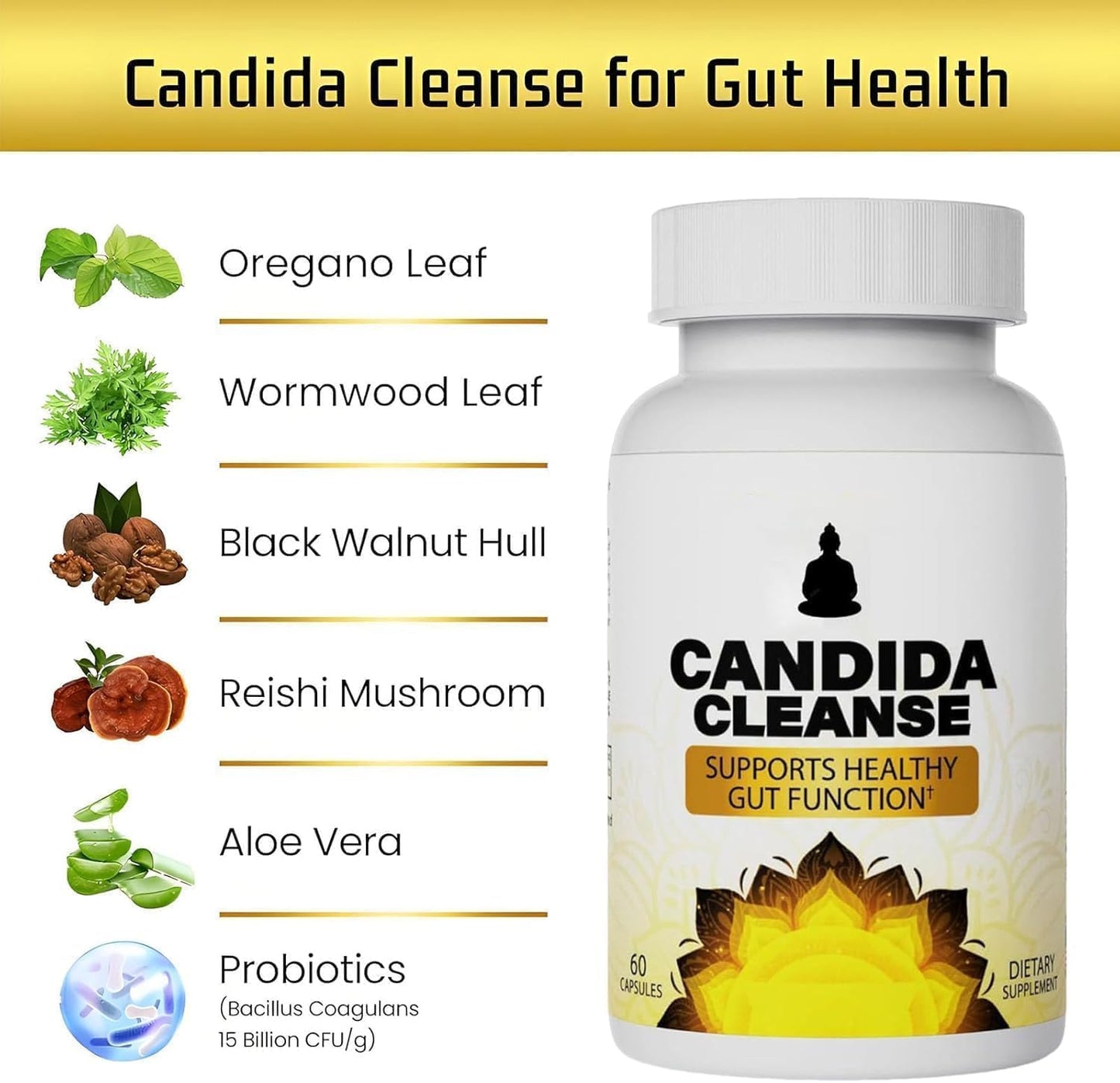 Natural Candida Cleanse Supplement - 60 Capsules for Gut & Colon Support - Herbal Formula for Men & Women - Intestinal Detox & Anti Yeast Support with Oregano, Wormwood, Black Walnut & Caprylic Acid