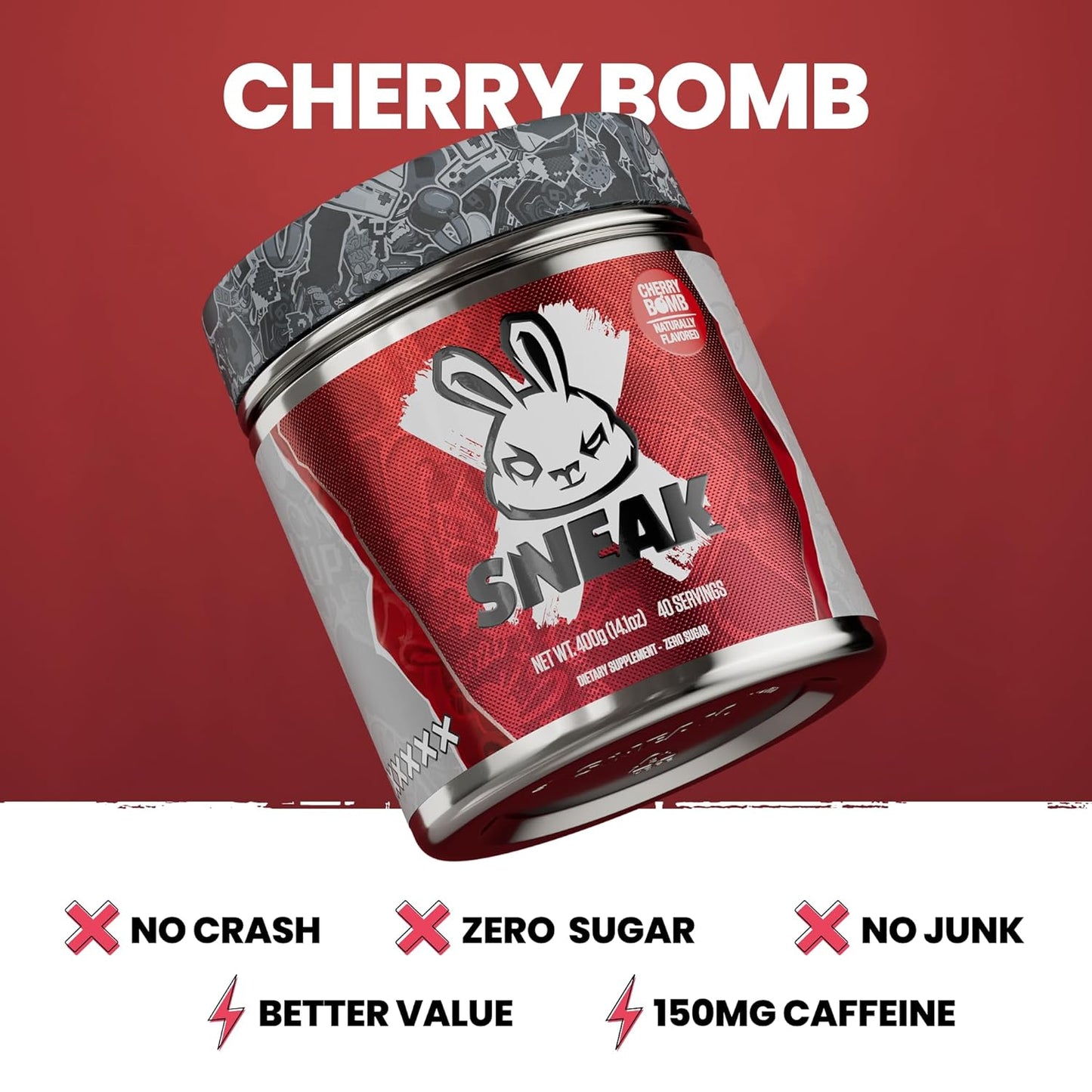 Natural Cherry Bomb Energy Drink Powder - No Sugar, No Nasties, 40 Servings with Focus-Boosting Nootropics