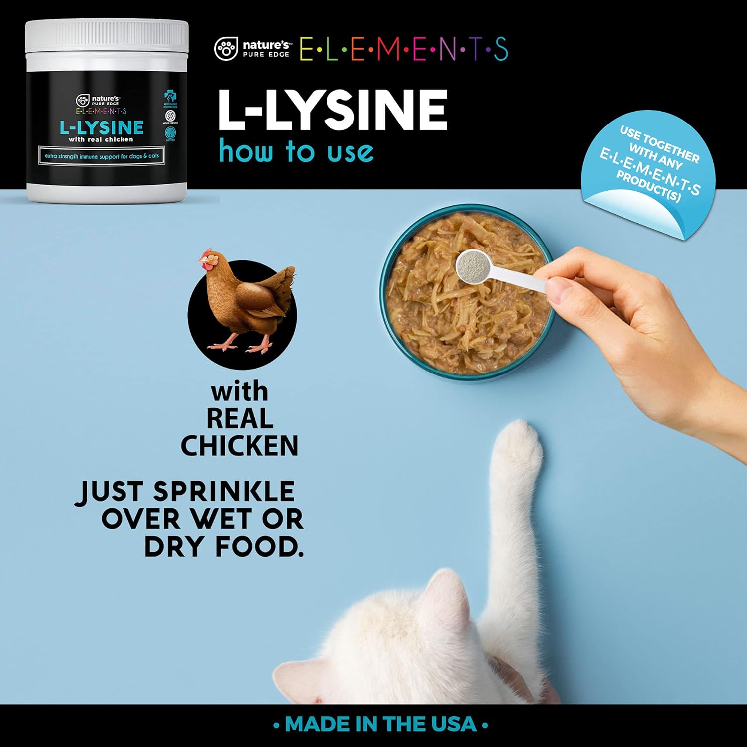 Natural Chicken Flavored L-Lysine Powder for Cats and Dogs - Extra Strength Immune Support and Respiratory Health - 125g