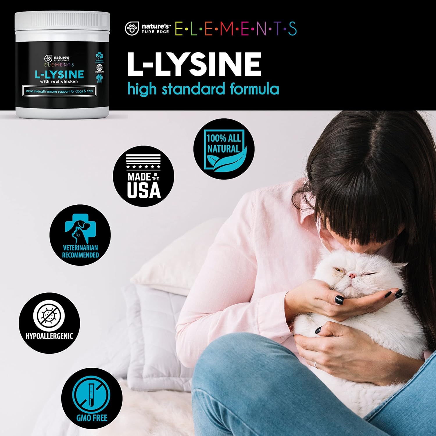 Natural Chicken Flavored L-Lysine Powder for Cats and Dogs - Extra Strength Immune Support and Respiratory Health - 125g