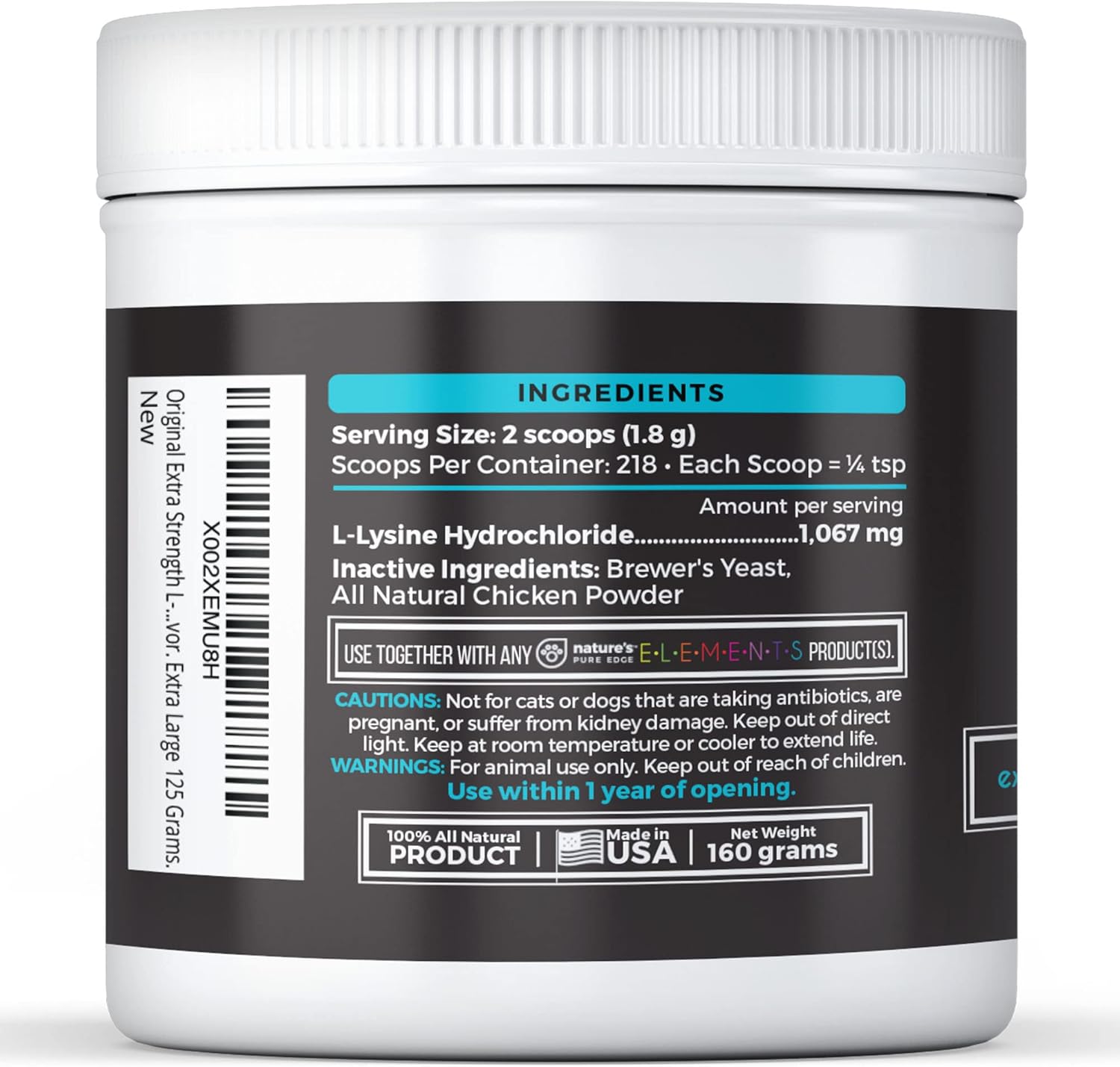 Natural Chicken Flavored L-Lysine Powder for Cats and Dogs - Extra Strength Immune Support and Respiratory Health - 125g