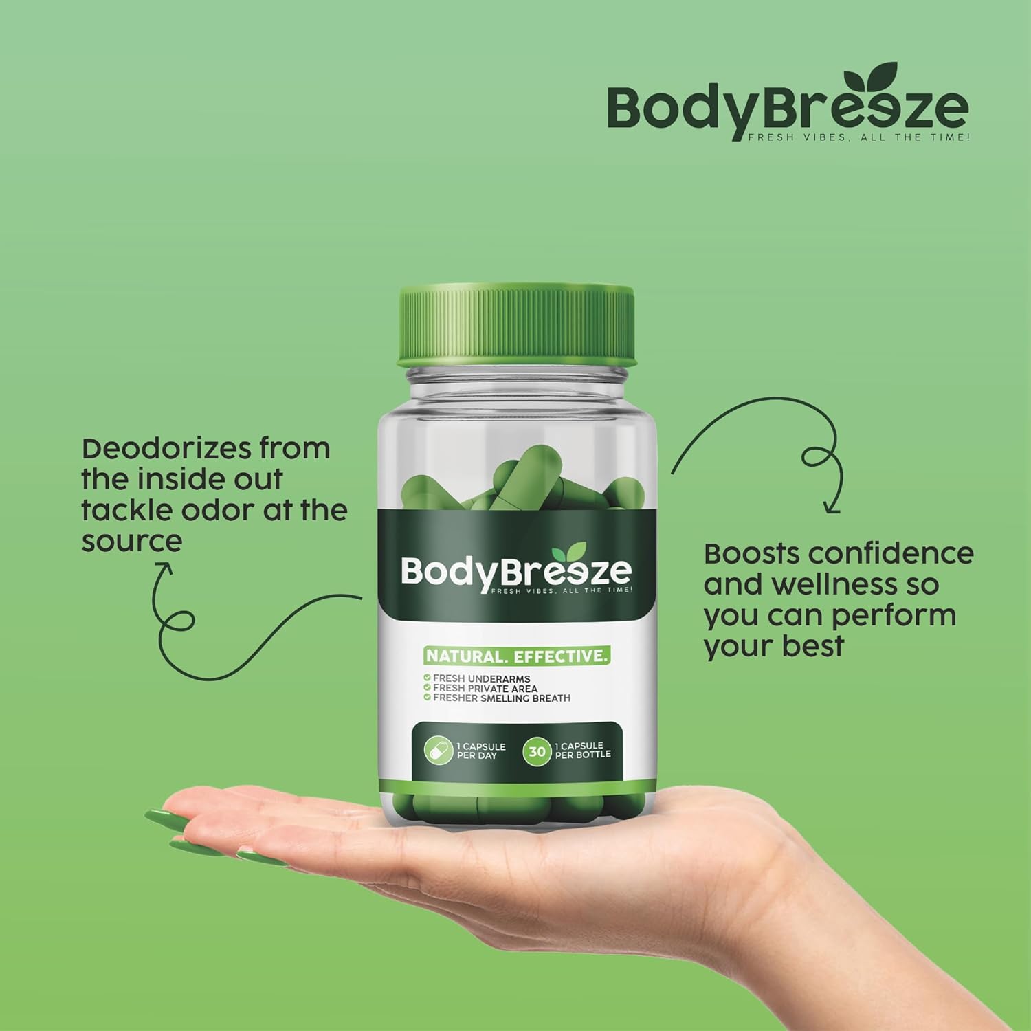 Natural Chlorophyll Supplement for Body Odor Control, Gut Health, and Fresh Breath - 60 Vegan Capsules for Detox Support and Skin Health - Odor Eliminator for Men & Women