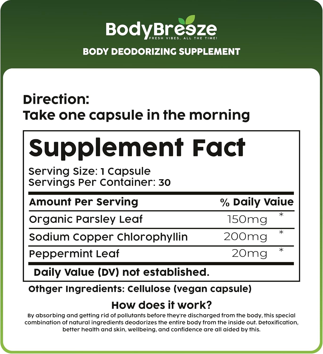 Natural Chlorophyll Supplement for Body Odor Control, Gut Health, and Fresh Breath - 60 Vegan Capsules for Detox Support and Skin Health - Odor Eliminator for Men & Women