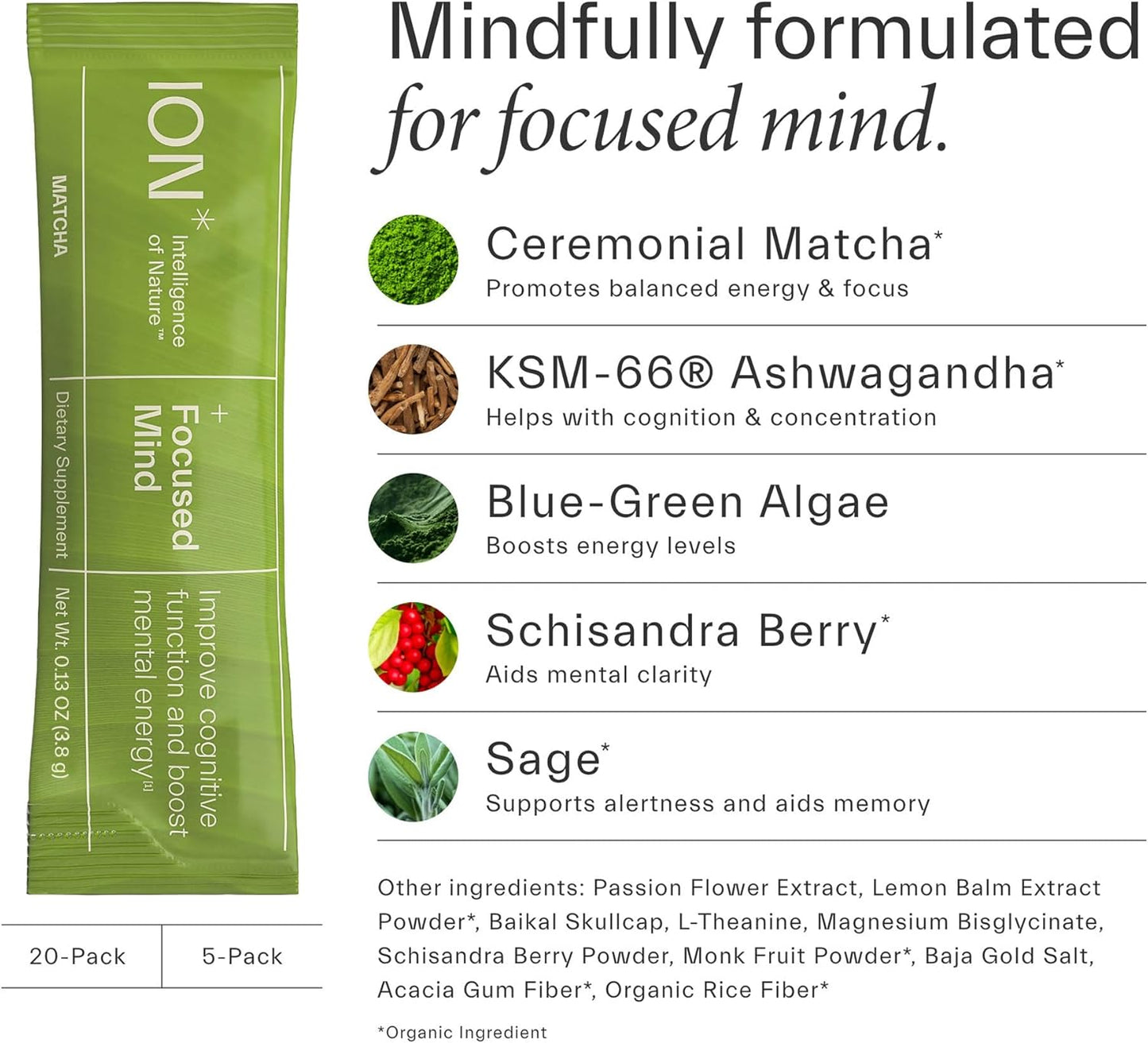 Natural Cognitive Boost: ION* Intelligence +Focused Mind - Vegan, Gluten-Free, Glyphosate Residue-Free, 20 Packets