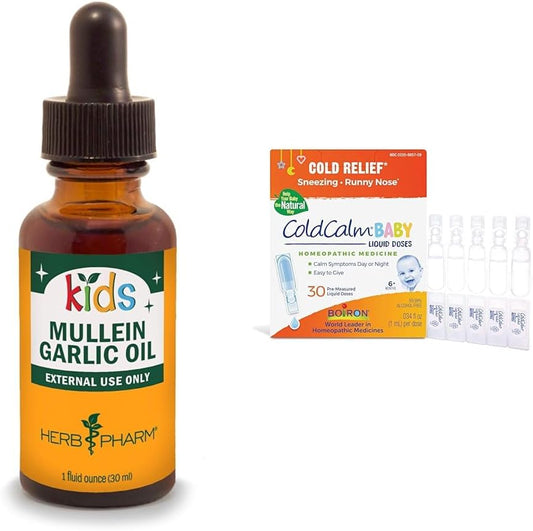 Natural Cold Relief Bundle for Kids: Mullein Garlic Oil & ColdCalm Baby Drops - 1 Fl Oz & 30 Count