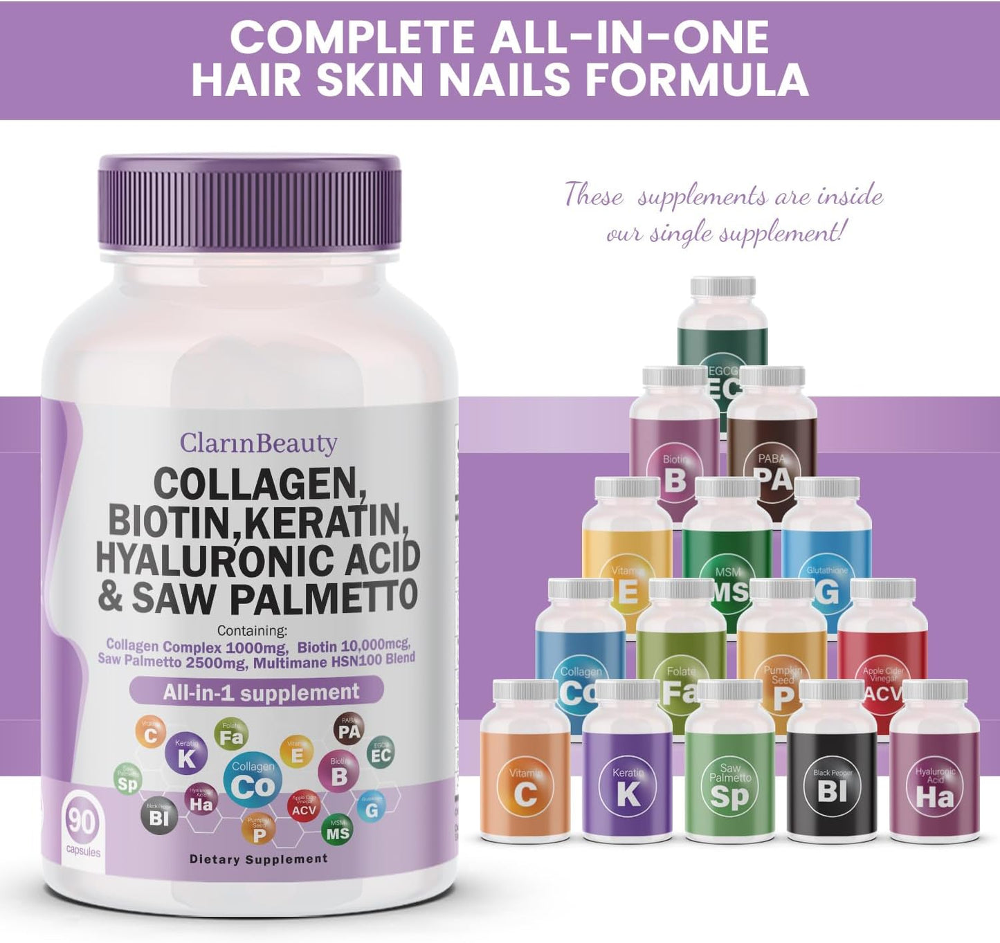 Natural Collagen Pills with Biotin, Keratin, Saw Palmetto, Hyaluronic Acid, Pumpkin Seed, Vitamin C & E - 1000mg/10000mcg/2500mg