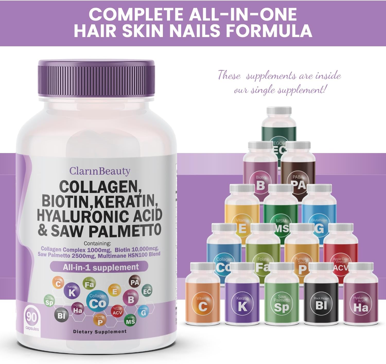 Natural Collagen Pills with Biotin, Keratin, Saw Palmetto, Hyaluronic Acid, Pumpkin Seed, Vitamin C & E - 1000mg/10000mcg/2500mg