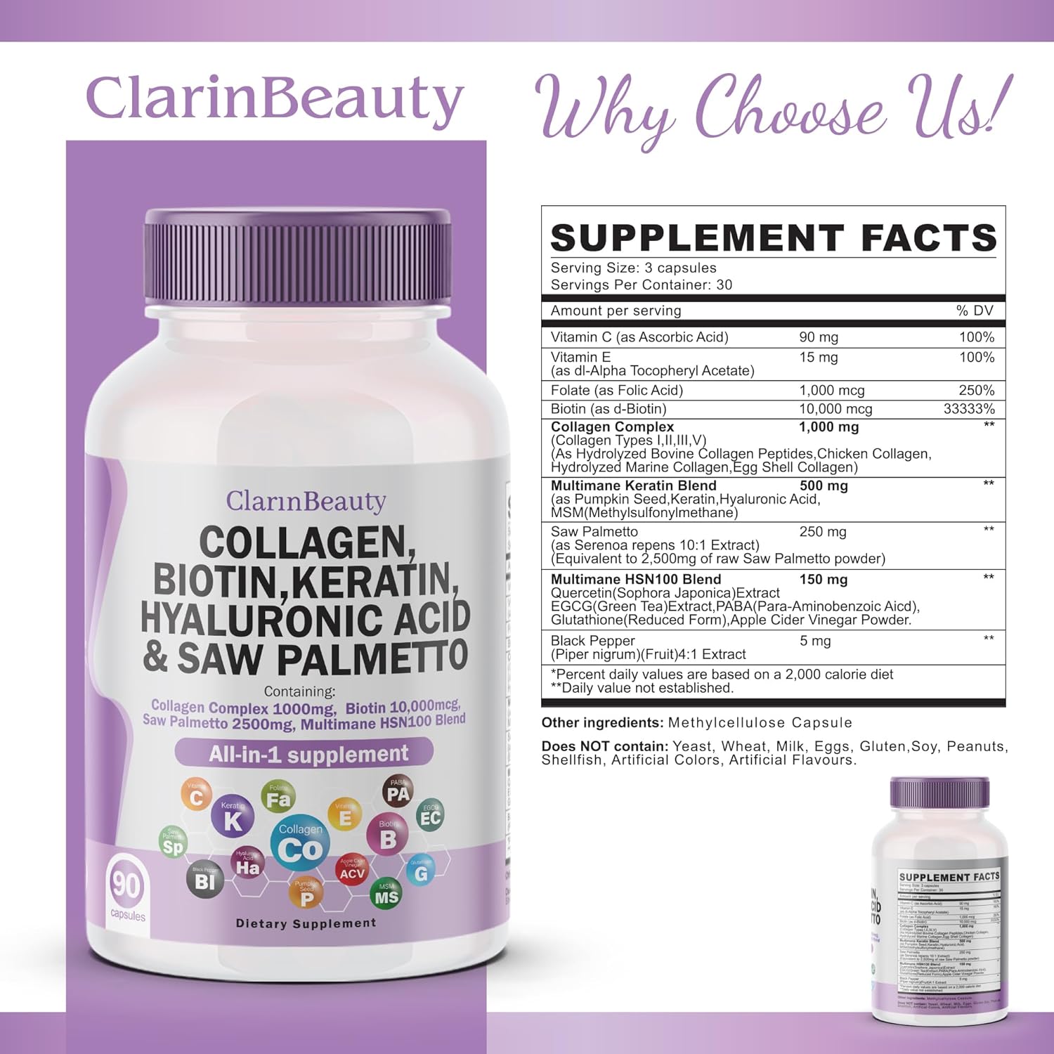 Natural Collagen Pills with Biotin, Keratin, Saw Palmetto, Hyaluronic Acid, Pumpkin Seed, Vitamin C & E - 1000mg/10000mcg/2500mg