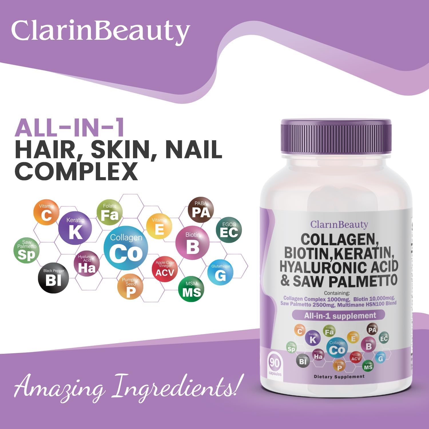 Natural Collagen Pills with Biotin, Keratin, Saw Palmetto, Hyaluronic Acid, Pumpkin Seed, Vitamin C & E - 1000mg/10000mcg/2500mg